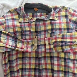Tailor Vinrage Men’s button down L yellow red blue black plaid